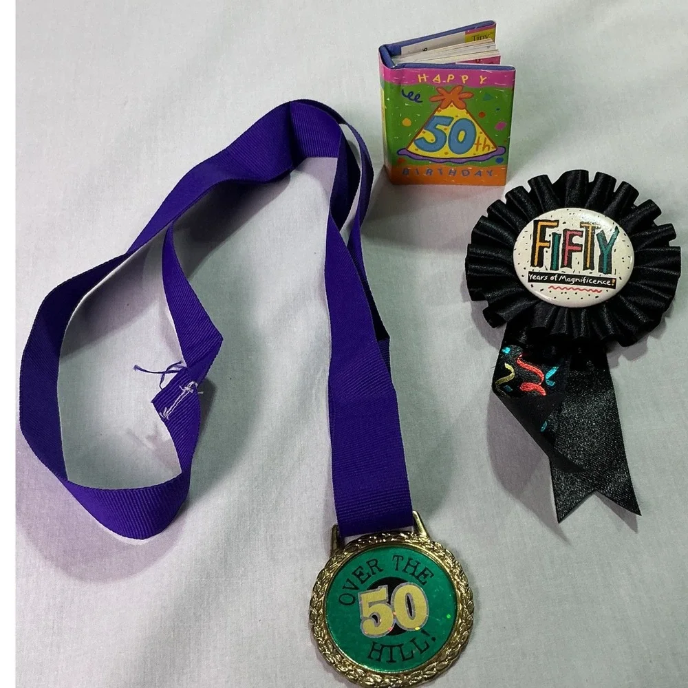 50th Birthday Over the Hill Medal Pin Mini Book Party Favor Set Used